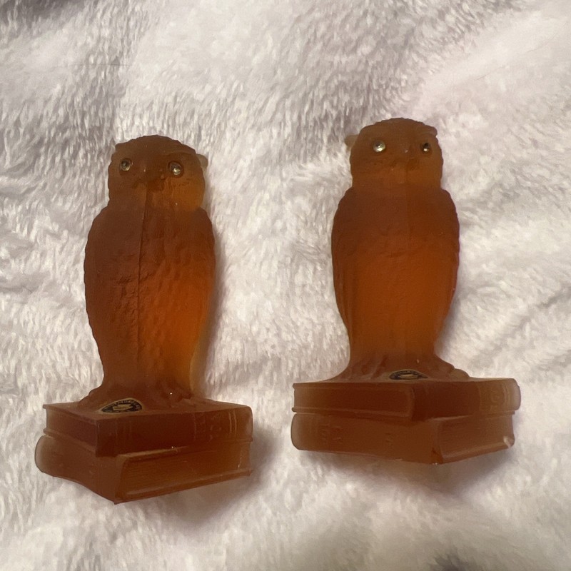 Two Vintage Westmoreland Amber Owls Sitting on Books Rhinestone Eyes -Stickers!