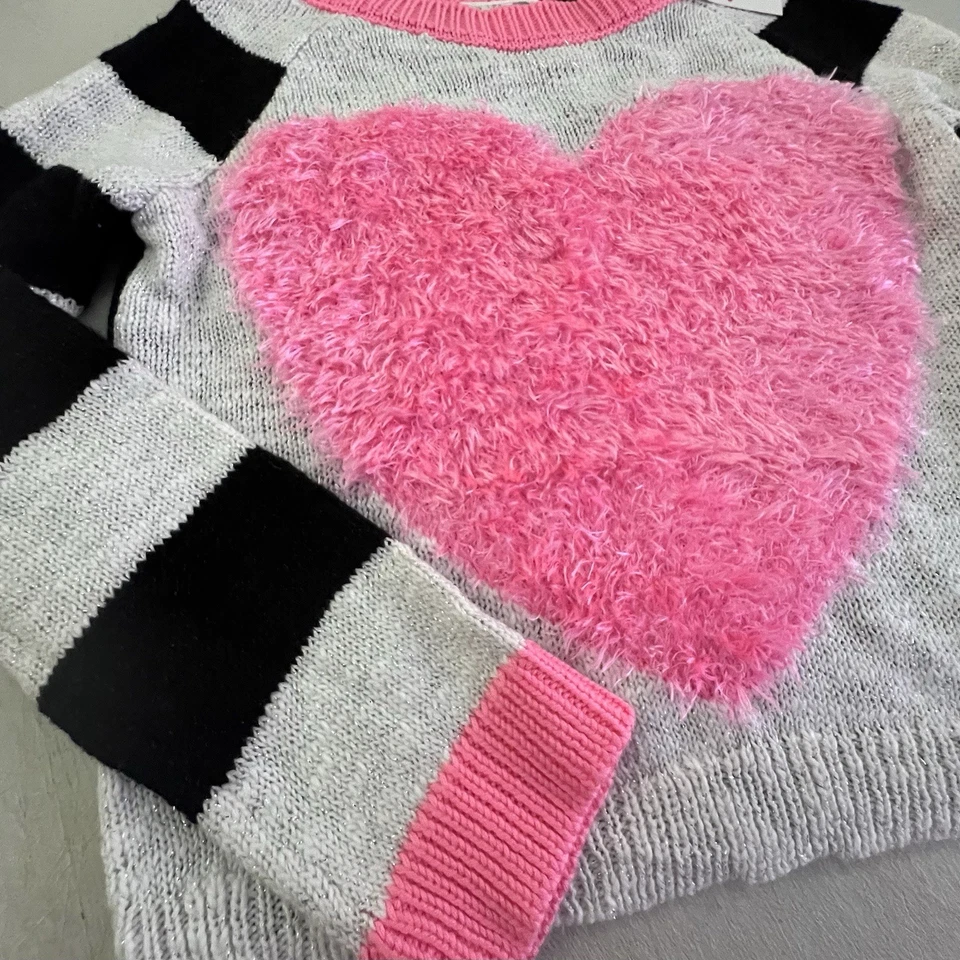 Justice Girls Fuzzy Pink Heart Multicolor Striped Sweater Girls 5 Crop Soft NWT - Image 4 of 4
