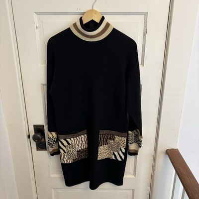 Antonella Preve Vtg Women s Black Brown Animal Print Turtleneck Sweater Dress M