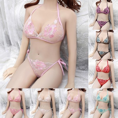 Verführerische Spitze Blumen Push Up BH und Tanga Set Damen durchsichtig Dessou
