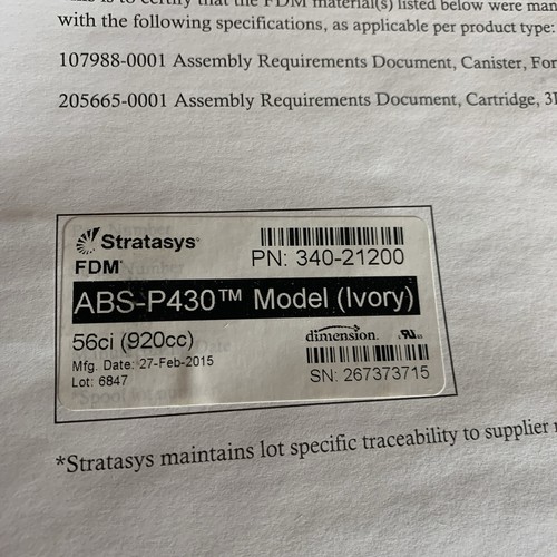 Stratasys FDM ABS-P430 Ivory Cartridge 340-21200 NOS 2015 Mfg Date - Bild 6 von 7