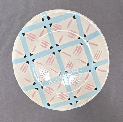 Aletha Soule Round Glossy Ceramic Plate White Blue Pink Black Geometric CHIPPED