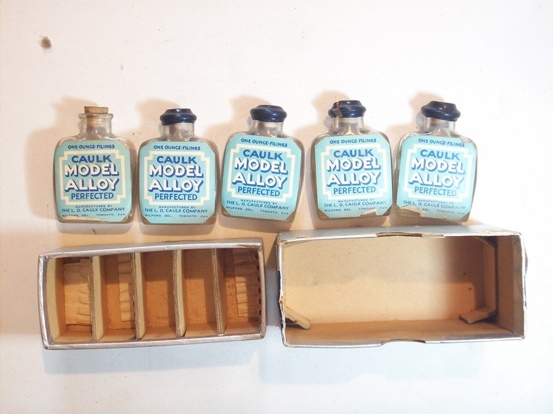 Dentist AMALGAM SILVER L D CAULK MODEL ALLOY FIVE 1 Oz BOTTLES 7 PARTS 5 MERCURY