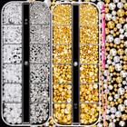 2 Box Gold Nail Charms and Gems + Chromesilve & White Nail Pearls Rhinestones Ki