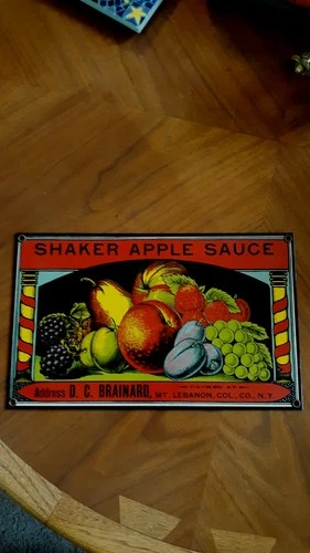 Vtg Porcelain Metal & Enameled Shaker Museum NY Apple Sauce Sign 11-3/8" x 7"