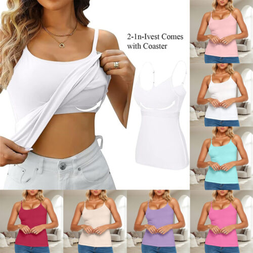 Women Camisole With Built in Bra Padded Vest Tops With Shelf Cami Tank T Shirt