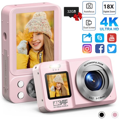 4K 64MP Digital Camera 32GB 2.8'' + 1.4'' LCD Dual Screen 18X Zoom Point & Shoot