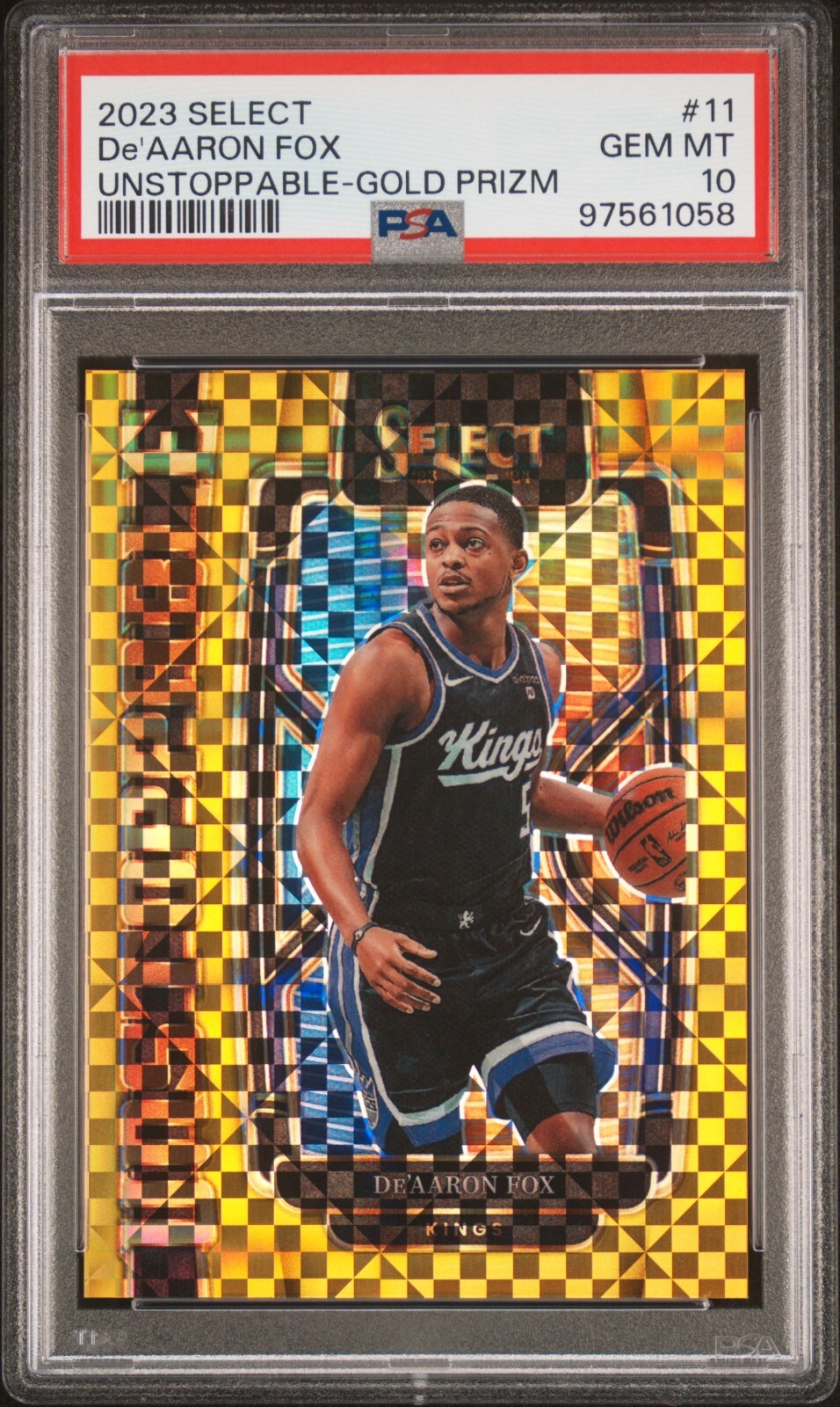De'Aaron Fox 2023-24 Select Unstoppable Gold Prizm #11 /10 PSA 10 Gem Mint Kings