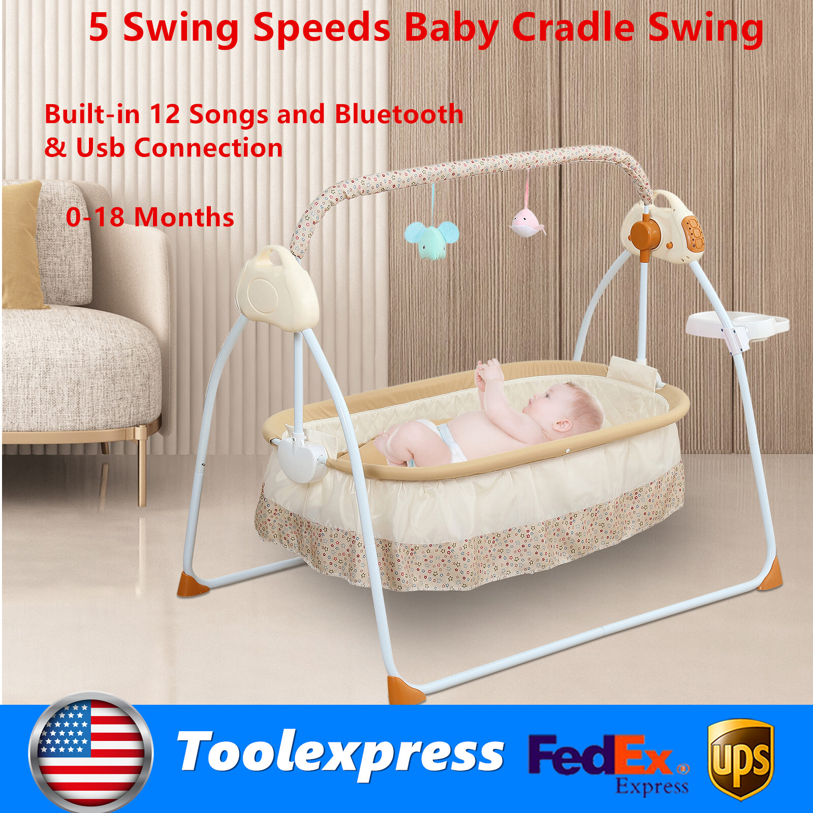 Portable Electric Bluetooth Baby Swing Cradle Bassinet Rocking Crib Infant Bed