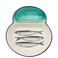 Portuguese Ceramic Olive Dish with Sardine Design and Green Accents