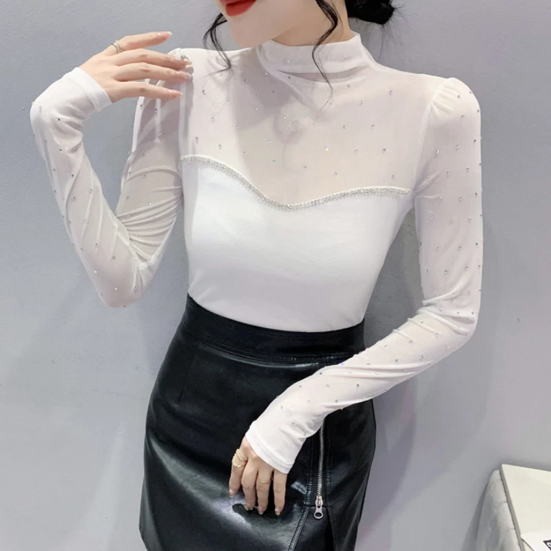 Women Bling Rhinestone Long Sleeve Mesh T-Shirt Slim Blouse Pullover Top Sexy - Image 3 of 4