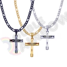 Men'S Stainless steel Cross Necklace Pendant 8mm Diamond Cut Figaro Chain 23P02