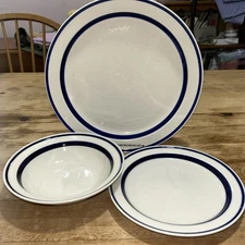 Vintage Sango Orbit Stoneware #223 Blue Stripe Place Setting Set of 3 Japan