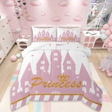 Girls Princess Comforter Set Full Size,Cartoon Castle Bedding Set 3Pcs for Ki...