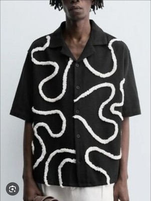 NWT Zara Men's Black Shirt with White Textured Piping - Size M - 100% Cotton NWT