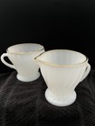 Vintage Anchor Hocking Fire King Milk Glass Swirl Gold Trim Creamer Sugar Bowl — photo 1