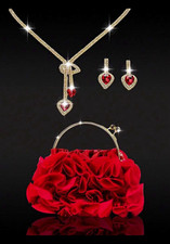 Red Ruffle earring and necklace Clutch Bag Handbag w/ Metal Handle Chain Strap