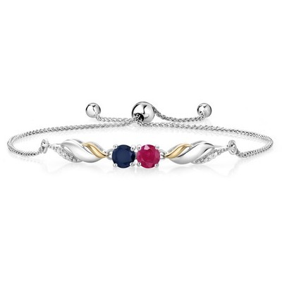 1.17 Ct Round Red Ruby Blue Sapphire 925 Silver and 10K Yellow Gold Bracelet