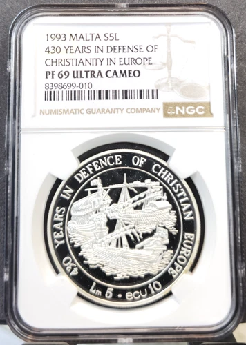 1993 MALTA SILVER 5 LIRI CHRISTIANITY IN EUROPE NGC PF 69 ULTRA CAMEO GEM PROOF
