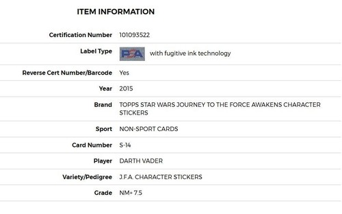 2015 Topps Star Wars Character Card Stickers Darth Vader PSA NM+7.5 - Picture 4 of 4