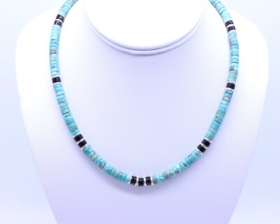 6mm Kingman Arizona Turquoise & Black Onyx Heishi Bead Unisex Necklace