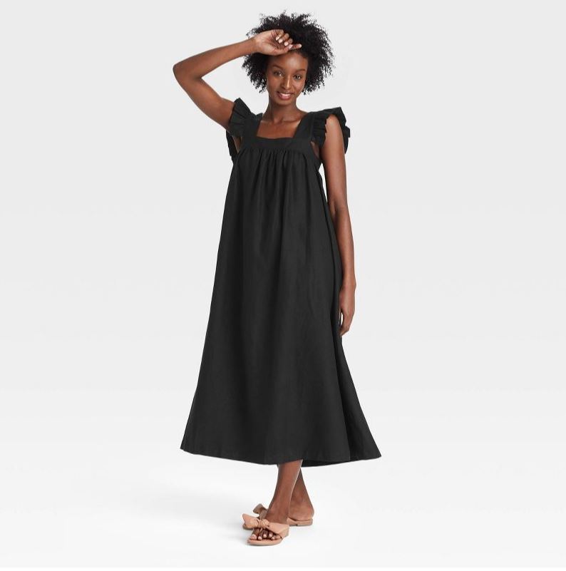 A NEW DAY Black Linen Ruffle Sleeve Pockets Midi Tunic Tent Dress Coastal XS 2 4