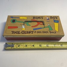 Vintage Ohio Art Metal Tin Busy Boy Tool Chest With 6 Safe Vinyl Tools