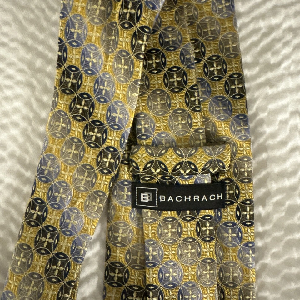 Bachrach Silk Men's Tie. Blue and Yellow Geometric Necktie. Made in Canada - Image 2 of 4