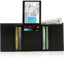 Genuine Leather Wallets For Men Trifold Wallet With Flip-Up ID RFID Blocking