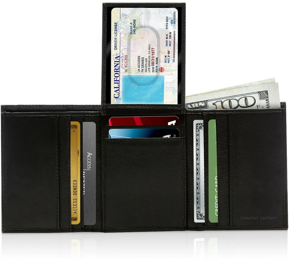 Genuine Leather Wallets For Men Trifold Wallet With Flip-Up ID RFID Blocking