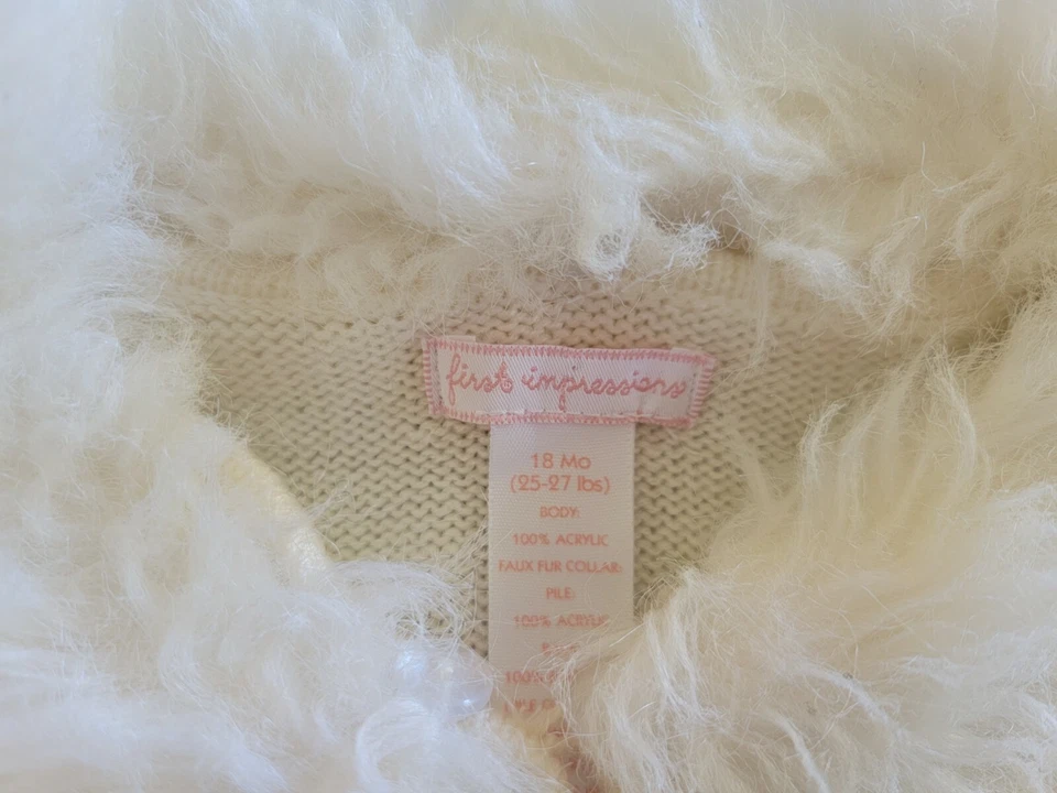 Suéter cárdigan de vacaciones marfil 18 meses bebé niña - Primeras impresiones ribete de piel Foto 2 de 3