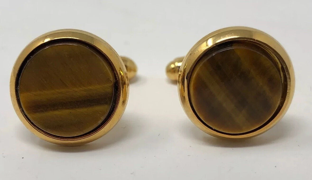 Superbes boutons de manchette vintage classiques signés Christian Dior tigres yeux plaqués or