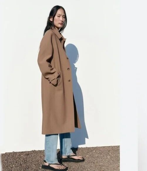 ZARA WOMAN LONG POCKET COAT JACKET CHAMPAGNE 2848/948 SIZE L NEW