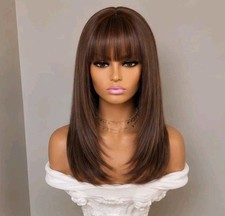 Wig - Human Hair Blend Long Straight Layered Natural Brown Bangs Heat Resistant