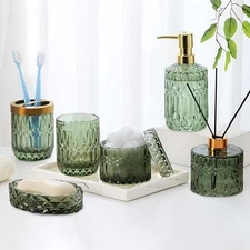 HJ 7PCS Glass Bathroom Accessories Set,Heavy Glass Bathroom Decor (Lotion Green