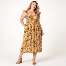 The Odells Boho Linen Blend Midi Dress Yellow | Open Back Button Pockets Sz 14