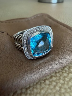 David Yurman Sterling Silver Albion Ring Blue Topaz & Diamonds size 5