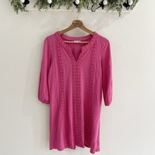 Boden Hot Pink Embroidered Long Sleeve Casual V-Neck shift Dress Size US 4