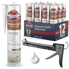 Kraken Bond Premium Siliconized Caulk + Gun - 1 Set 10.1oz 12 Pack White