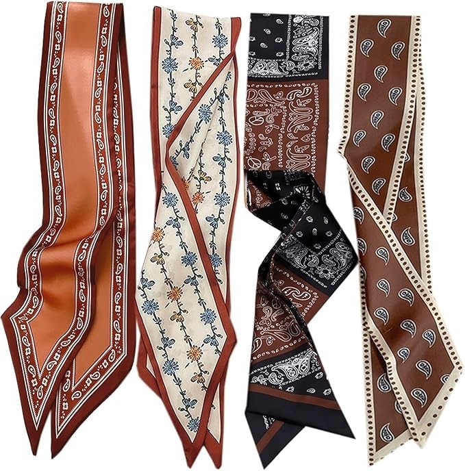 4 PCS Bag Handbag Handle Ribbon Hair Head Band Neck Scarf Skinny Scarves