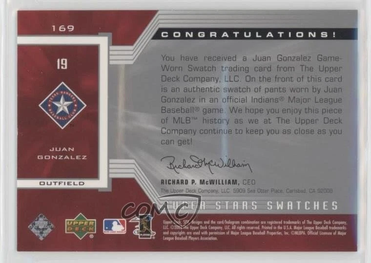 2002 SPx Super Stars Swatches Silver /400 Juan Gonzalez #169 - Image 2 of 2