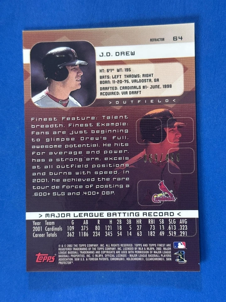 2002 Finest Refractors #64 J.D. Drew St. Louis Cardinals #/499 - Image 2 of 2