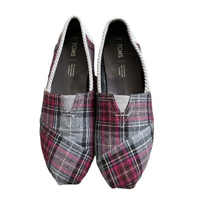 Toms Womens 8.5 Pink Gray Plaid Slip On Classic Alpargata Flats Canvas