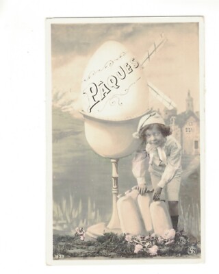 Postcard  Fantasy  Easter boy with big Egg on a  Egg  Cup RPPC  TA 2254