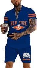 New York Men 2 Piece NY Outfit Polo Shirt Zip Short Sleeve and Shorts Activewear