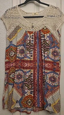 Kori America Tunic Dress Womens Small Boho Lace Crochet Top Sleeves Cotton