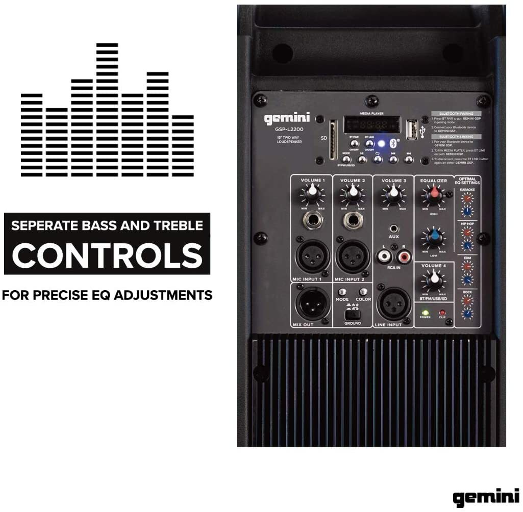 Gemini GSP-L2200PK Portable 2200W Peak Power Bluetooth DJ Party Speaker