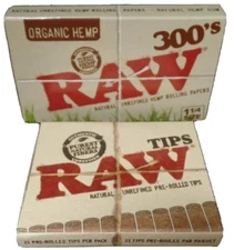 Raw 300 Organic Hemp Rolling Papers 1.25"/ 300 Papers +Tips *Free Shipping*