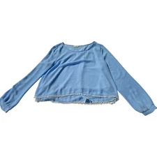 LUSH Women’s XL Blue Chiffon Blouse Long Sleeve Boho Beaded Hem Lightweight Top