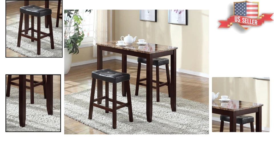 Counter Height Marble Breakfast Table - Glossy Print - Dark Brown Legs - 3-Piece - Image 2 of 4
